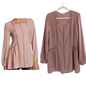 RO & DE Anthropologie Peplum Tunic Top Boho Crochet Mauve Pink Size L